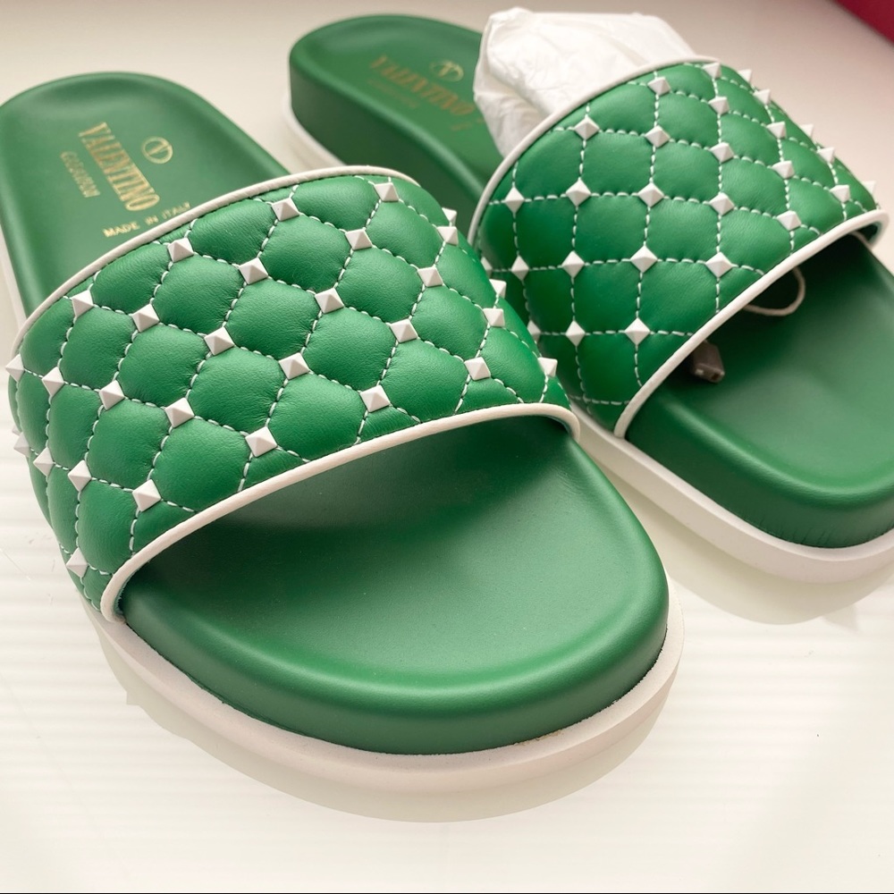 Valentino Garavani Rockstud Quilted Green Leather Sandals SZ 6 - Picture 6 of 10